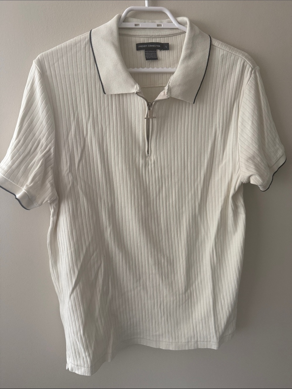 French Connection Cream Ribbed Polo with Zip Collar and Contrast Piping